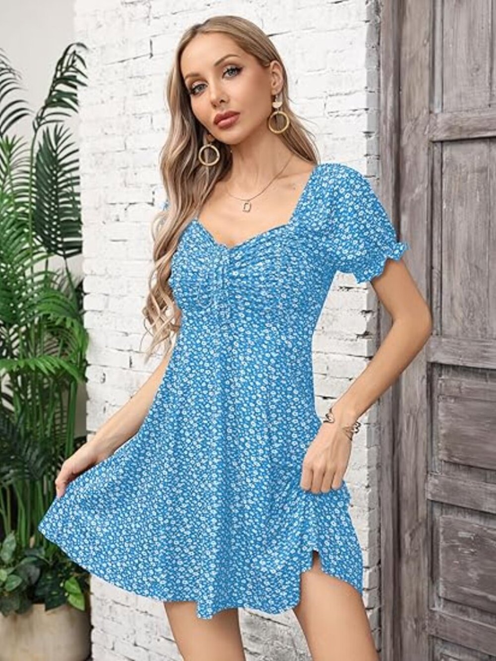 Puff Sleeve Fit and Flare Mini Dress Drawstring Ruched Front Summer Chic